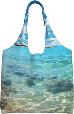 Canvas Aesthetic Tote Bag for Women Handbag Scenic Sea Water Reusable Grocery Bags with Handles