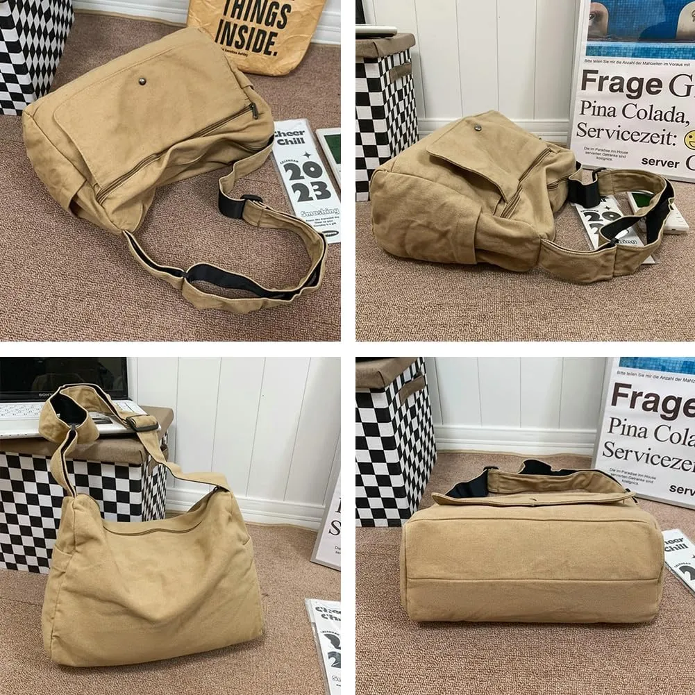 Canvas Cross Body Bag Slouchy Shoulder Bags for Men Women Casual Pure Color Hobo Bags with Large Capacity