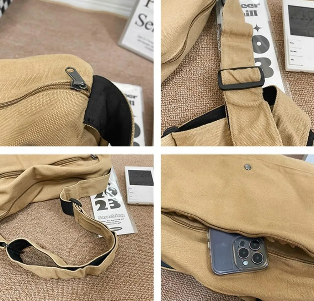 Canvas Cross Body Bag Slouchy Shoulder Bags for Men Women Casual Pure Color Hobo Bags with Large Capacity