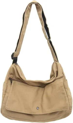 Canvas Cross Body Bag Slouchy Shoulder Bags for Men Women Casual Pure Color Hobo Bags with Large Capacity
