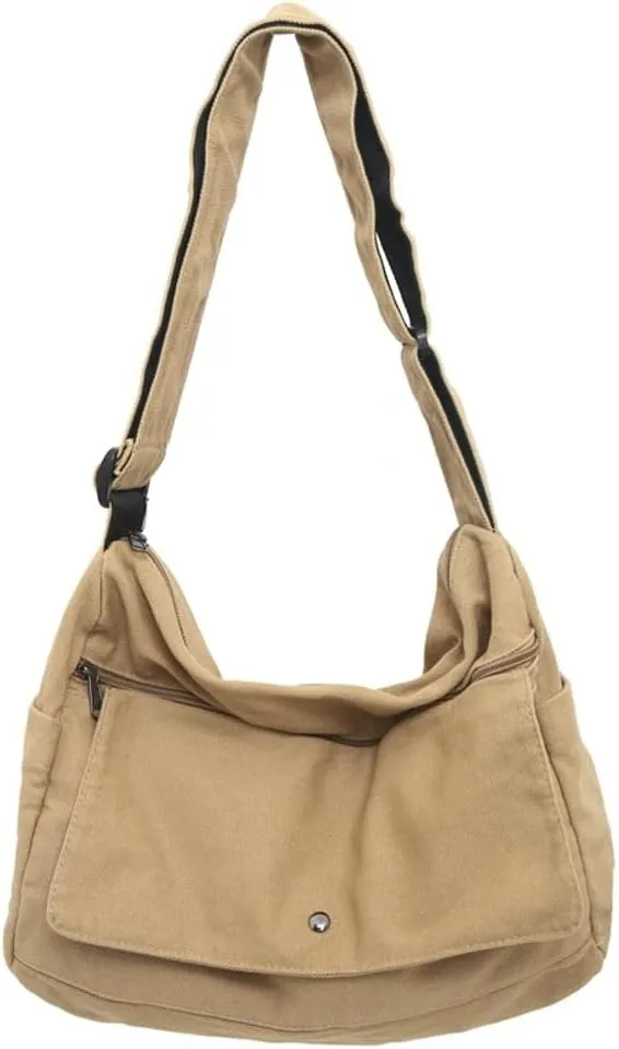 Canvas Cross Body Bag Slouchy Shoulder Bags for Men Women Casual Pure Color Hobo Bags with Large Capacity