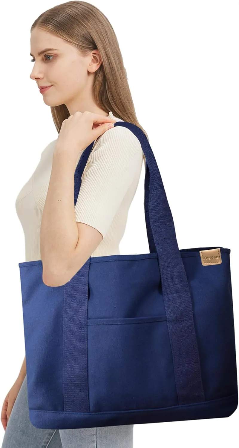 Canvas Tote Bag Casual Multi pockets Handbags Large Capacity Shopping Shoulder Bag with Pocket Bags Work Purses