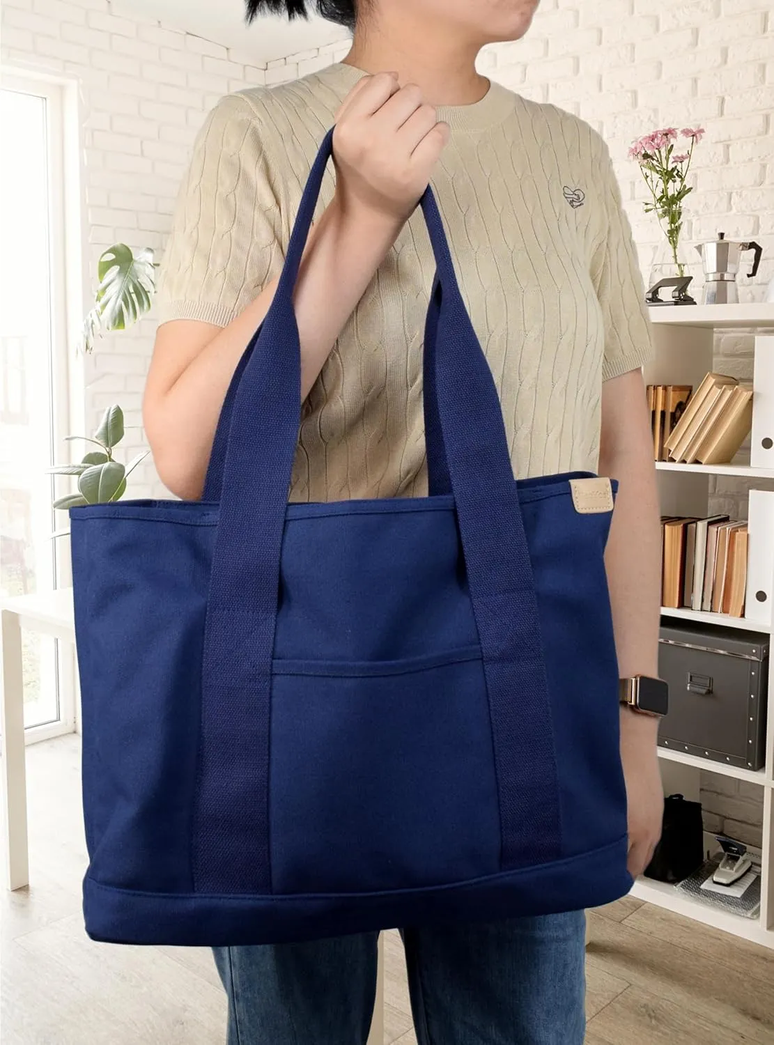 Canvas Tote Bag Casual Multi pockets Handbags Large Capacity Shopping Shoulder Bag with Pocket Bags Work Purses