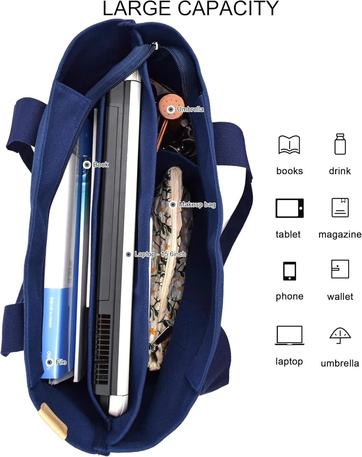 Canvas Tote Bag Casual Multi pockets Handbags Large Capacity Shopping Shoulder Bag with Pocket Bags Work Purses