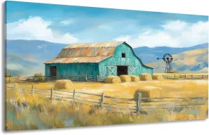 Canvas Wall Art Prints Farmhouse Landscape Teal Rustic Country Hay Bales Windmill Mountains Large Framed Artwork Wall Paintings Pictures Posters 20"x40" Wall Decor for Living Room Office Bedroom