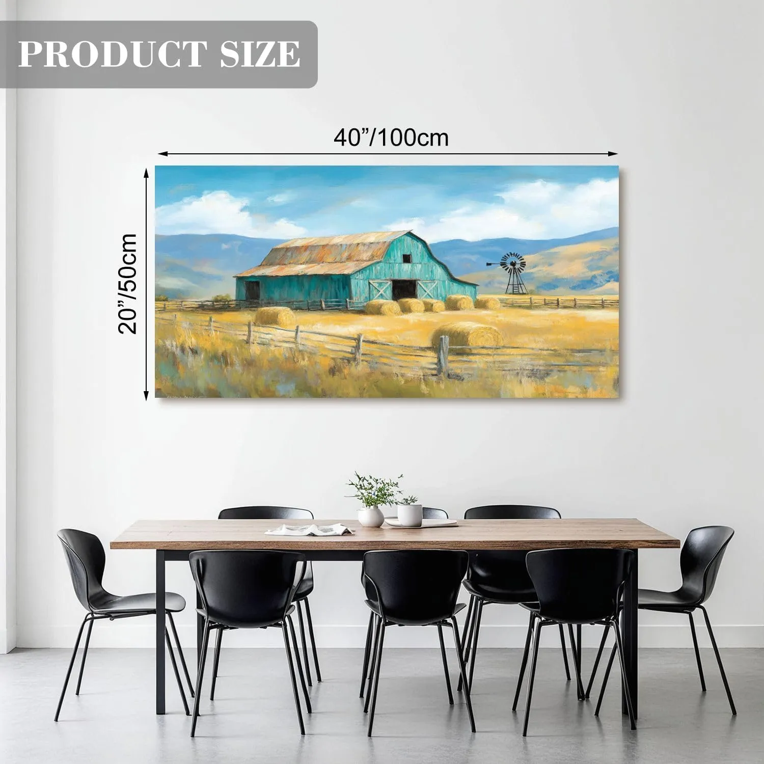 Canvas Wall Art Prints Farmhouse Landscape Teal Rustic Country Hay Bales Windmill Mountains Large Framed Artwork Wall Paintings Pictures Posters 20"x40" Wall Decor for Living Room Office Bedroom