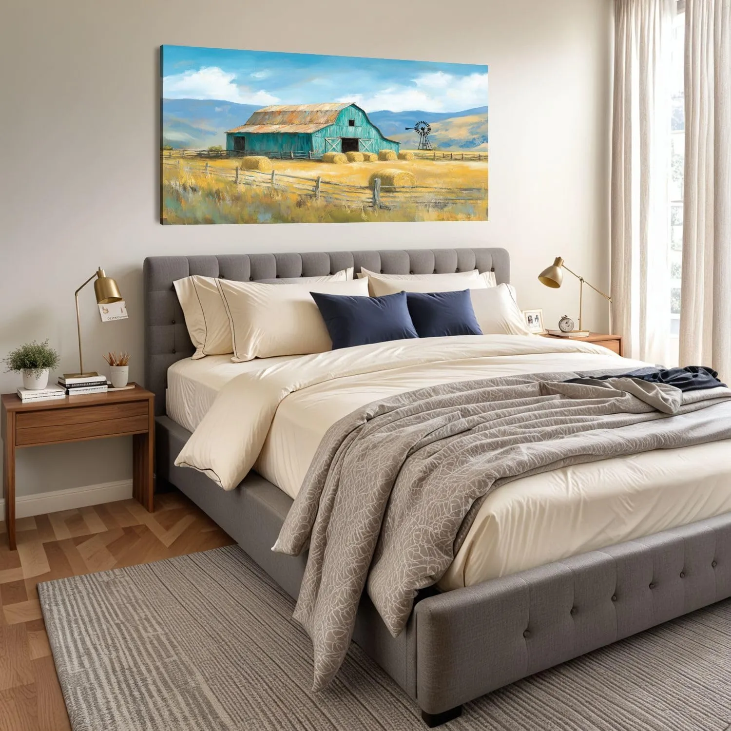 Canvas Wall Art Prints Farmhouse Landscape Teal Rustic Country Hay Bales Windmill Mountains Large Framed Artwork Wall Paintings Pictures Posters 20"x40" Wall Decor for Living Room Office Bedroom