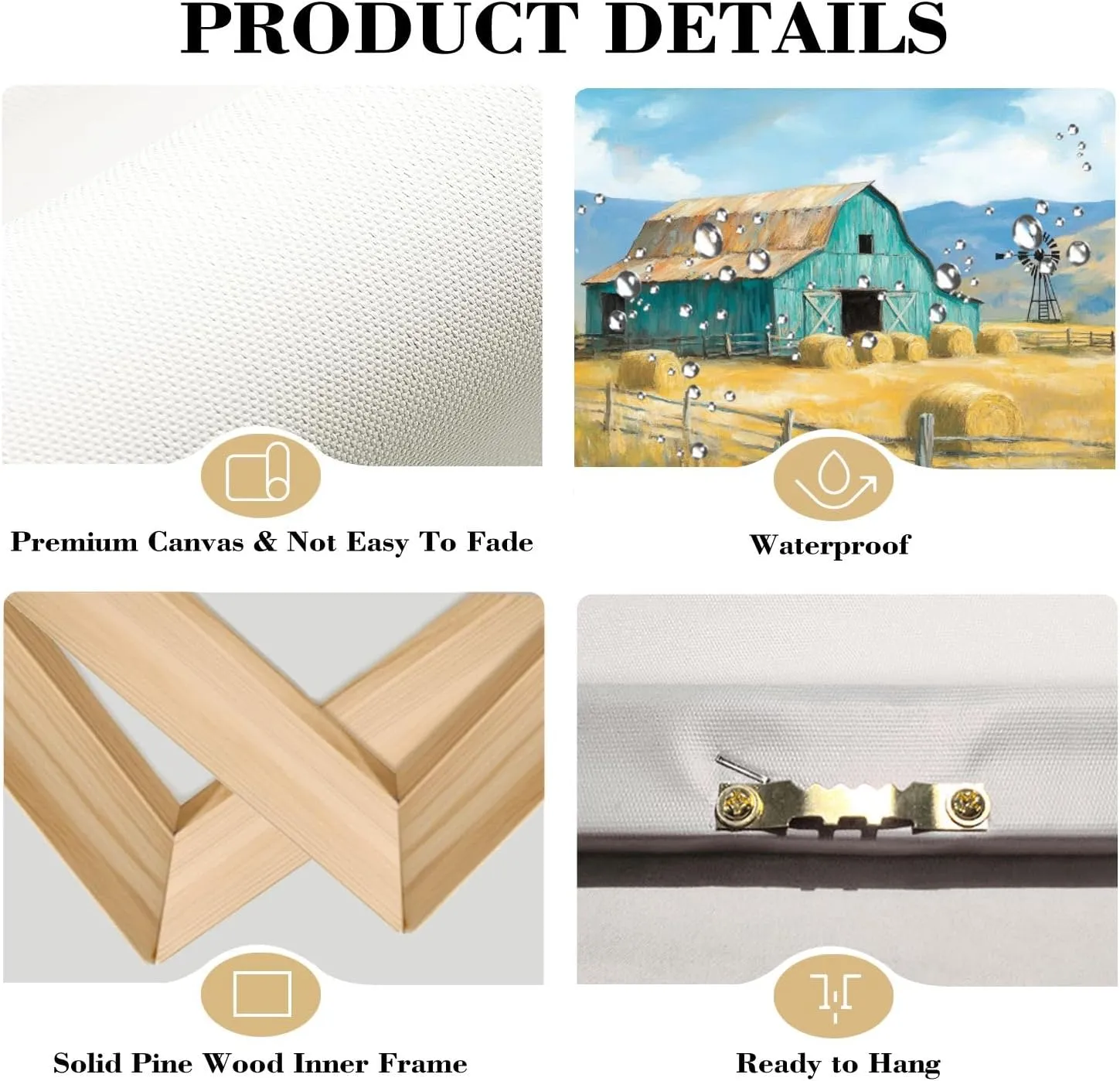 Canvas Wall Art Prints Farmhouse Landscape Teal Rustic Country Hay Bales Windmill Mountains Large Framed Artwork Wall Paintings Pictures Posters 20"x40" Wall Decor for Living Room Office Bedroom