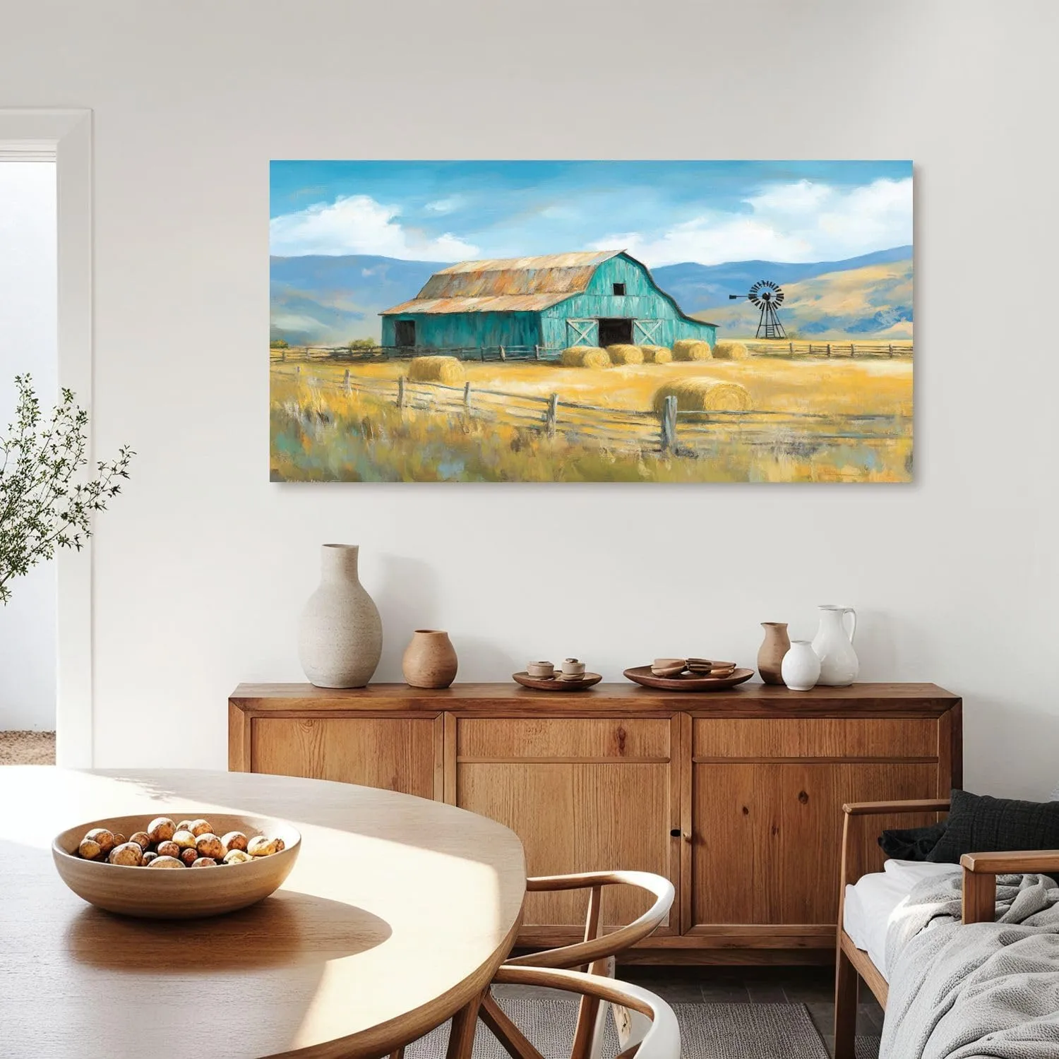 Canvas Wall Art Prints Farmhouse Landscape Teal Rustic Country Hay Bales Windmill Mountains Large Framed Artwork Wall Paintings Pictures Posters 20"x40" Wall Decor for Living Room Office Bedroom