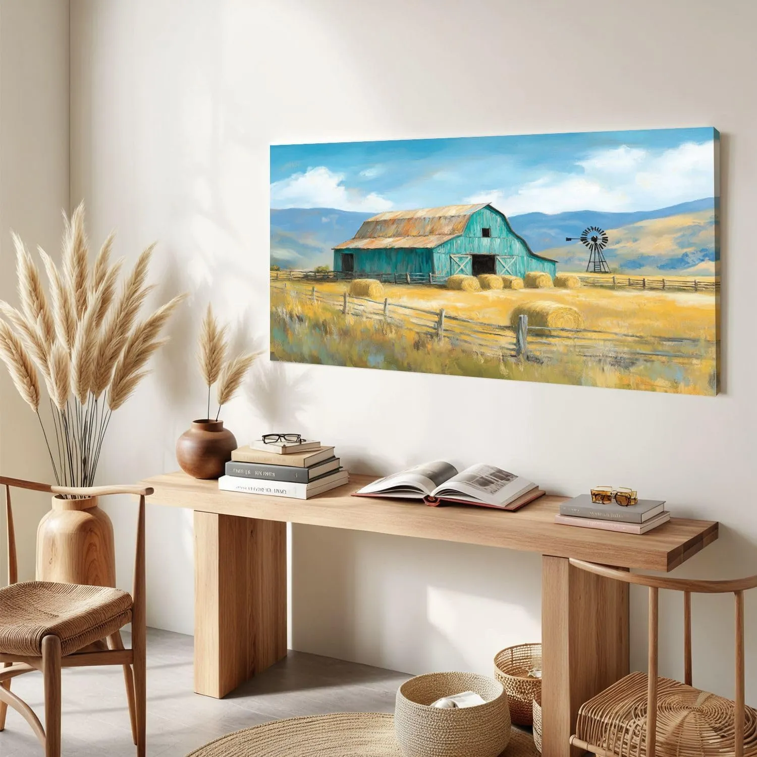Canvas Wall Art Prints Farmhouse Landscape Teal Rustic Country Hay Bales Windmill Mountains Large Framed Artwork Wall Paintings Pictures Posters 20"x40" Wall Decor for Living Room Office Bedroom