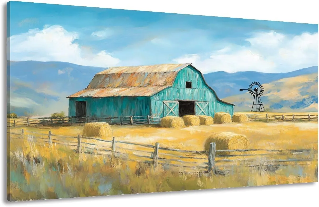 Canvas Wall Art Prints Farmhouse Landscape Teal Rustic Country Hay Bales Windmill Mountains Large Framed Artwork Wall Paintings Pictures Posters 20"x40" Wall Decor for Living Room Office Bedroom