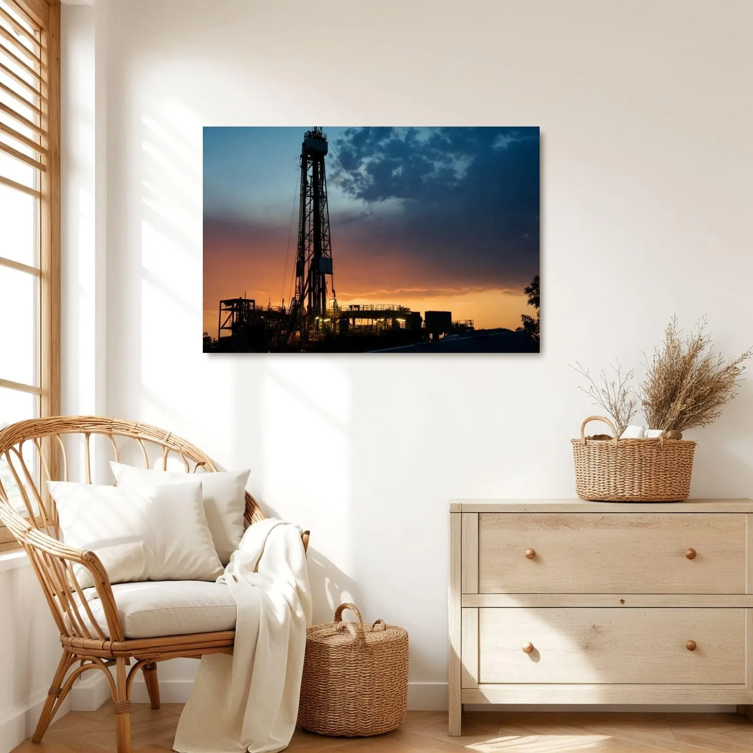 Canvas Wall Art Prints Oil drilling rig derrick structure dusk sky Large Framed Artwork Wall Paintings Pictures Posters 24"x36" Wall Decor for Living Room Office Bedroom