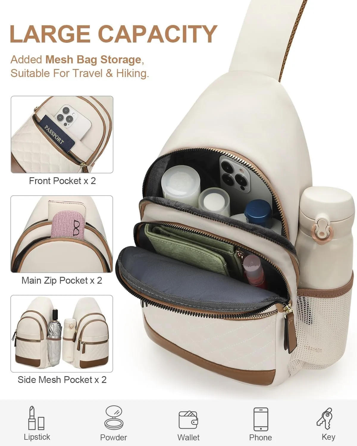 Capolo Sling Bag for Women Men Waterproof Crossbody Bags for Women Trendy Casual Fanny Pack with Convertible Shoulder Strap Chest Bag for Travel Hiking(Beige, Large)