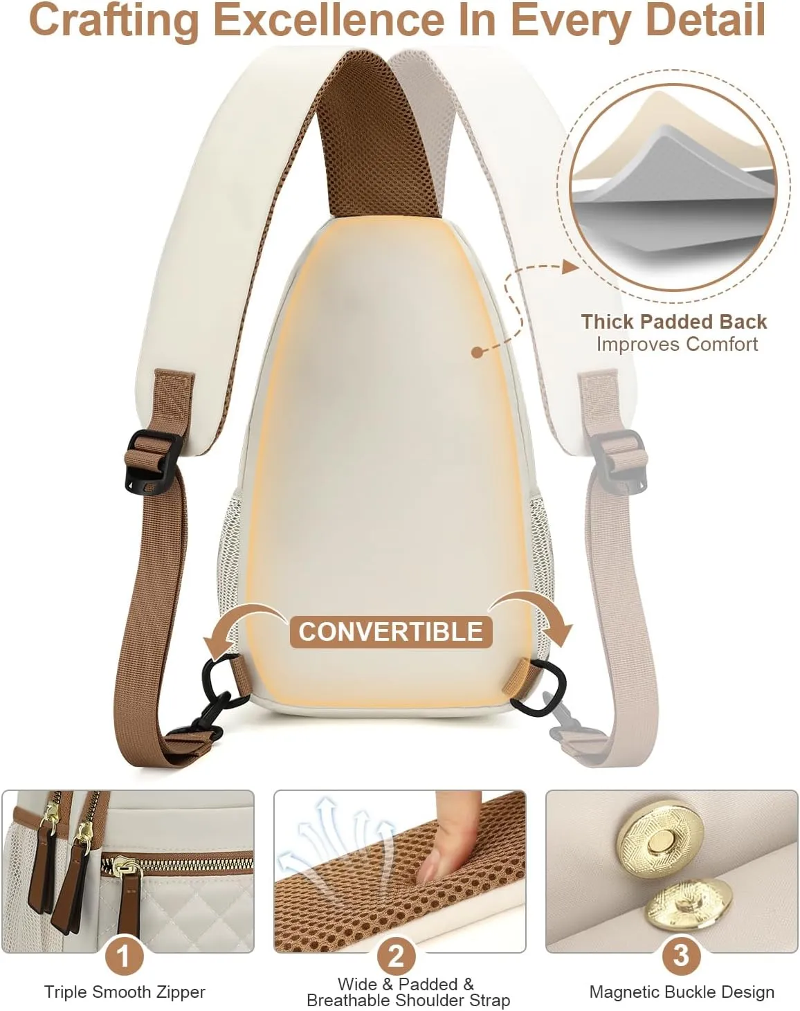 Capolo Sling Bag for Women Men Waterproof Crossbody Bags for Women Trendy Casual Fanny Pack with Convertible Shoulder Strap Chest Bag for Travel Hiking(Beige, Large)