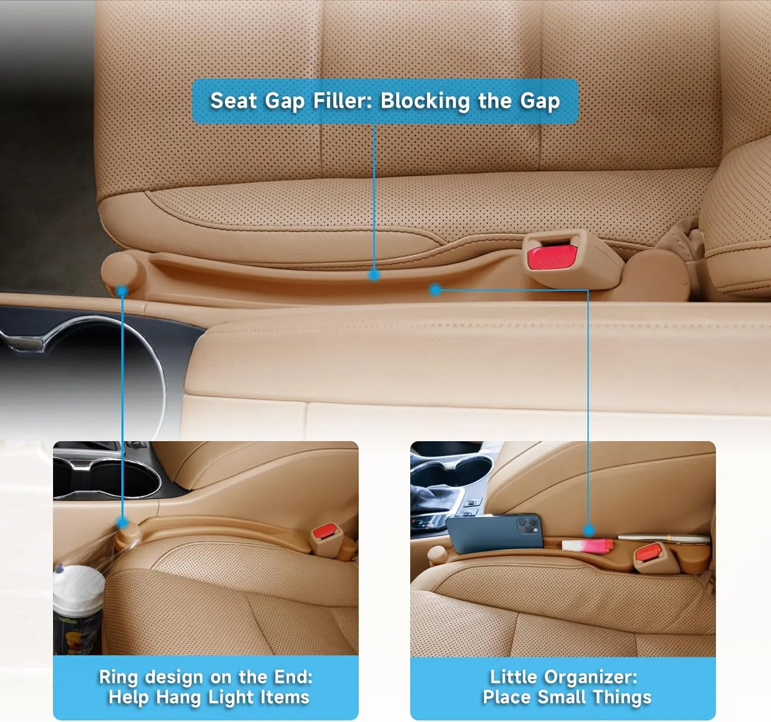 Car Seat Gap Filler Set of 2, Soft Foam Multifunctional Seat Side Gap Filler with Organizer & Hook Function, 3in1 Gap Stopper Universal Fit Car SUV Truck Fill The Gap Between Seat & Console