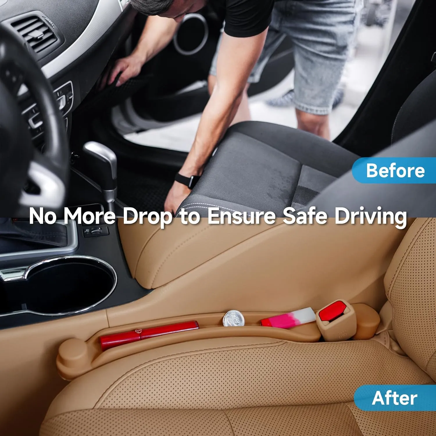 Car Seat Gap Filler Set of 2, Soft Foam Multifunctional Seat Side Gap Filler with Organizer & Hook Function, 3in1 Gap Stopper Universal Fit Car SUV Truck Fill The Gap Between Seat & Console