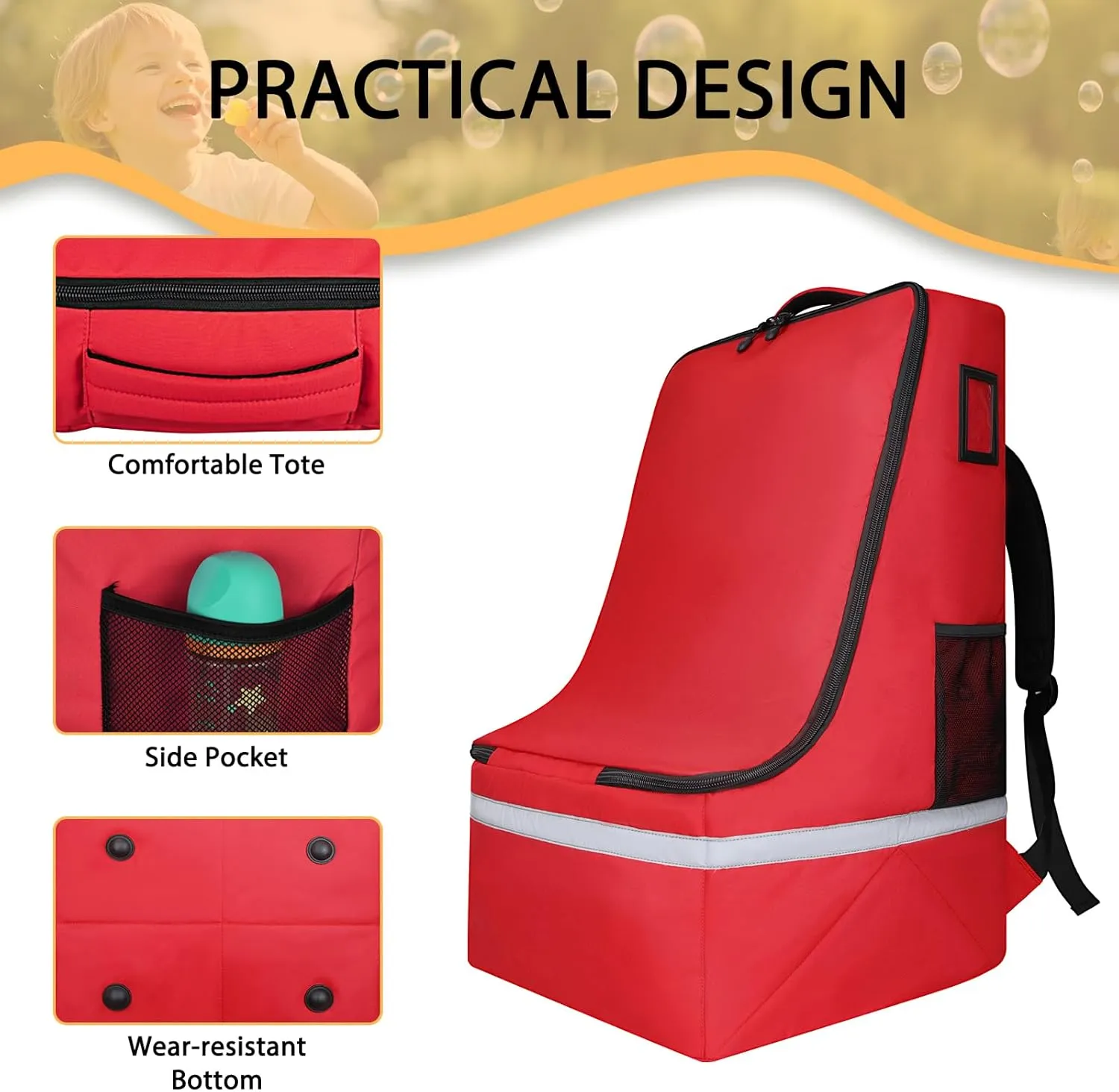 Car Seat Travel Bag for Airplane,Infant Seat Travel Bag with Shoulder Strap,Padded Car Seats Backpack with Reflective Stripes,Large Carseat Carrier Bag Travel Car Seat Cover, Red