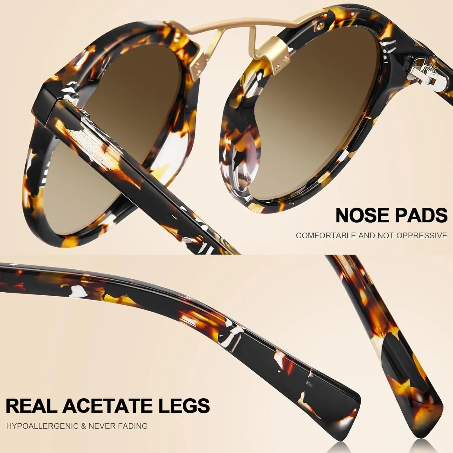 CARFIA Small Face Acetate Polarized Sunglasses for Women UV Protection, Retro Double Bridge Eyewears Metal Brow Round Sunnies