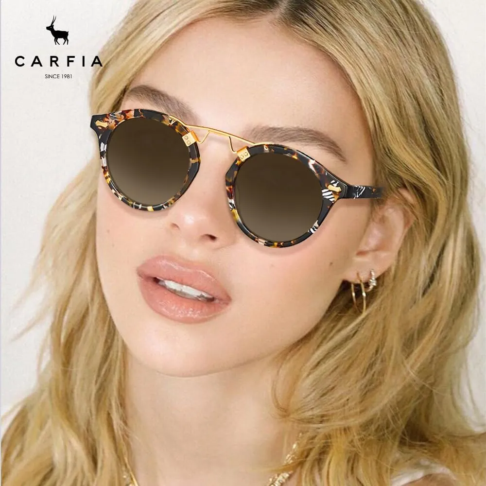 CARFIA Small Face Acetate Polarized Sunglasses for Women UV Protection, Retro Double Bridge Eyewears Metal Brow Round Sunnies