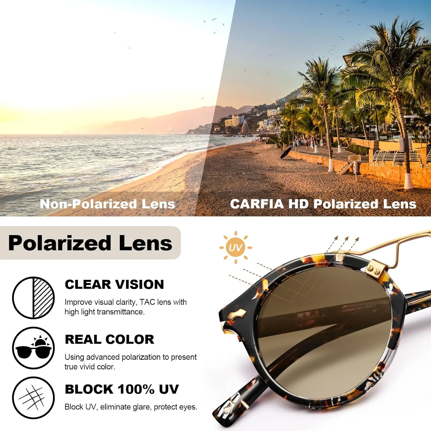 CARFIA Small Face Acetate Polarized Sunglasses for Women UV Protection, Retro Double Bridge Eyewears Metal Brow Round Sunnies