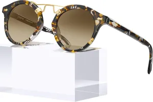 CARFIA Small Face Acetate Polarized Sunglasses for Women UV Protection, Retro Double Bridge Eyewears Metal Brow Round Sunnies