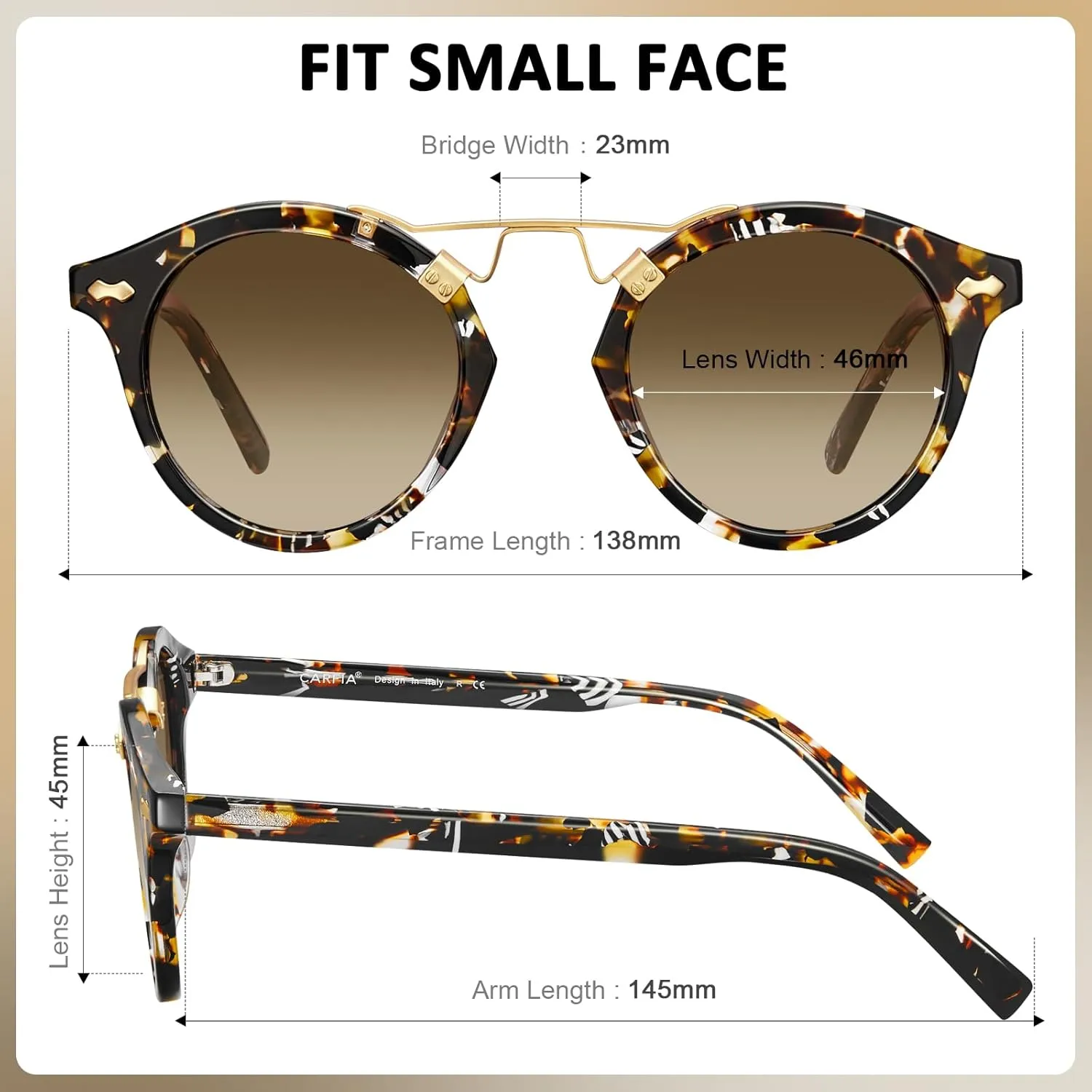 CARFIA Small Face Acetate Polarized Sunglasses for Women UV Protection, Retro Double Bridge Eyewears Metal Brow Round Sunnies