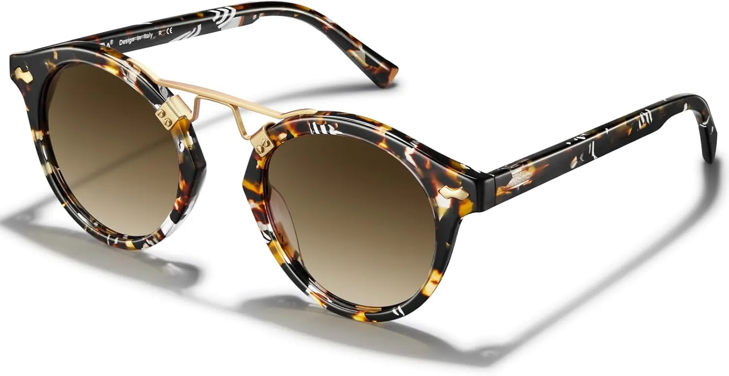 CARFIA Small Face Acetate Polarized Sunglasses for Women UV Protection, Retro Double Bridge Eyewears Metal Brow Round Sunnies