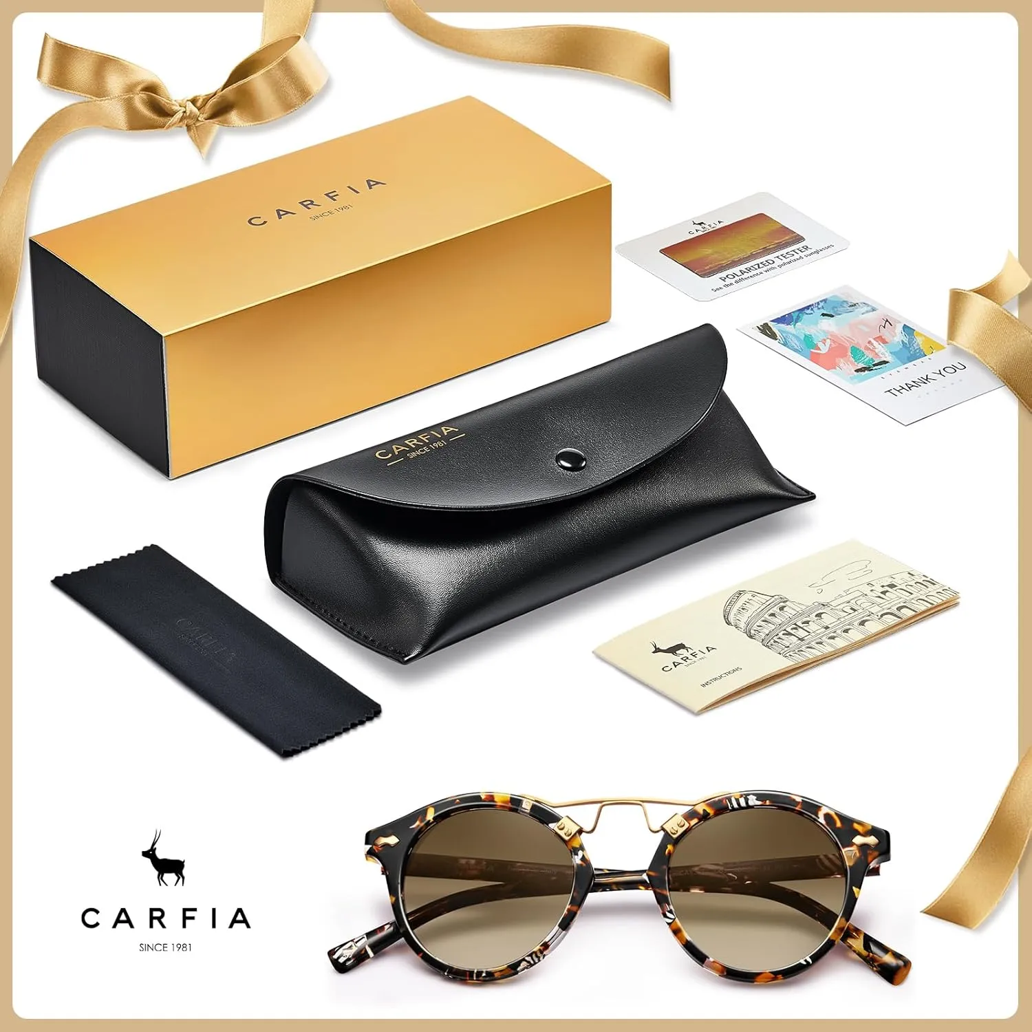 CARFIA Small Face Acetate Polarized Sunglasses for Women UV Protection, Retro Double Bridge Eyewears Metal Brow Round Sunnies