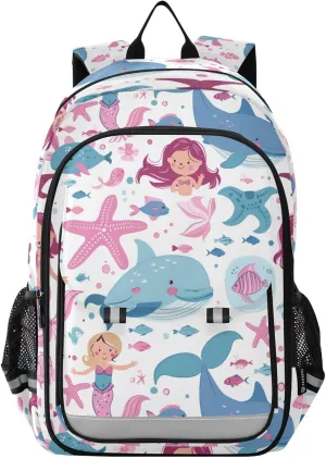 Cartoon Starfish Whale Mermaids Backpack for Boys Girls Elementary School Bag Kids Bookbag Travel Rucksack With Reflective Stripes