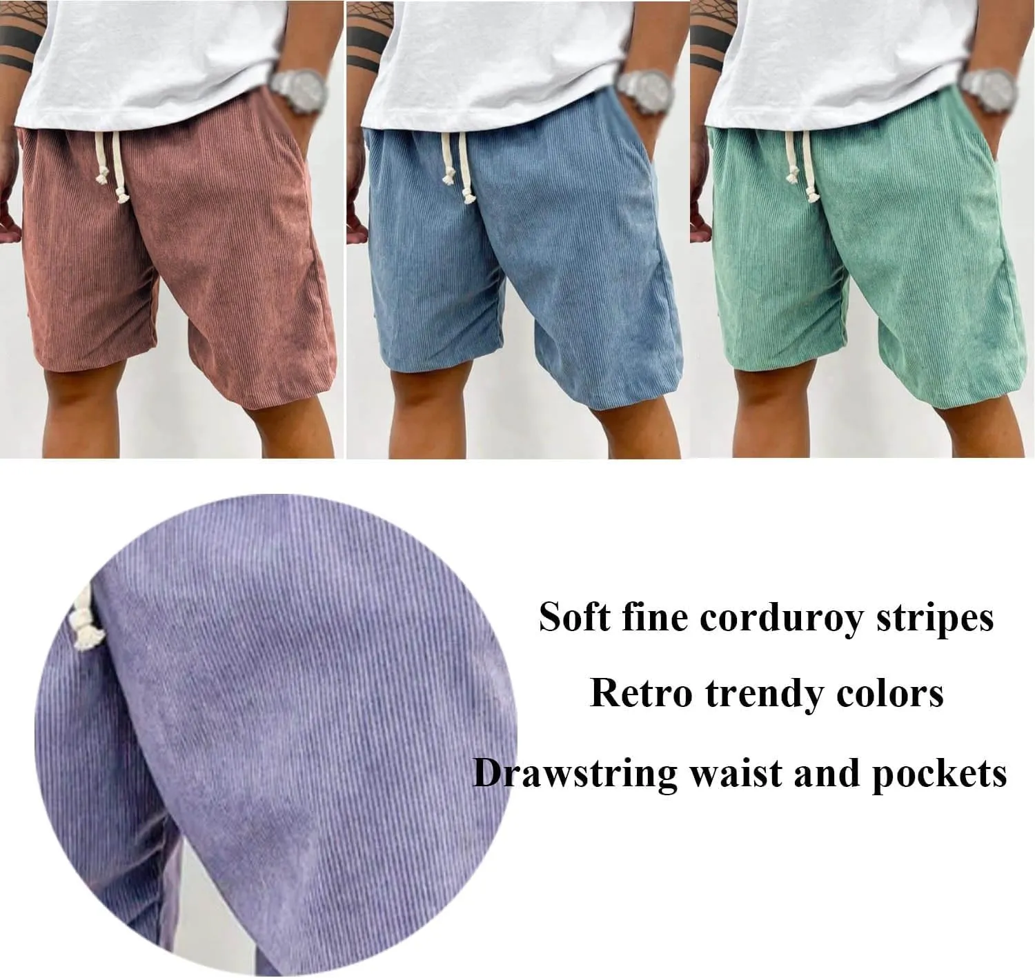 Casual Corduroy Drawstring Elastic Waist Pacificozy Shorts, Drawstring Elastic Waist Mokaloha Mens Short