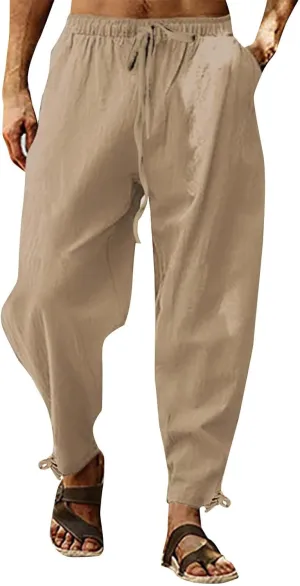 Casual Cotton Linen Pants for Men 2025 Summer Beach Elastic Drawstring Waist Yoga Pants Travel Baggy Work Trousers