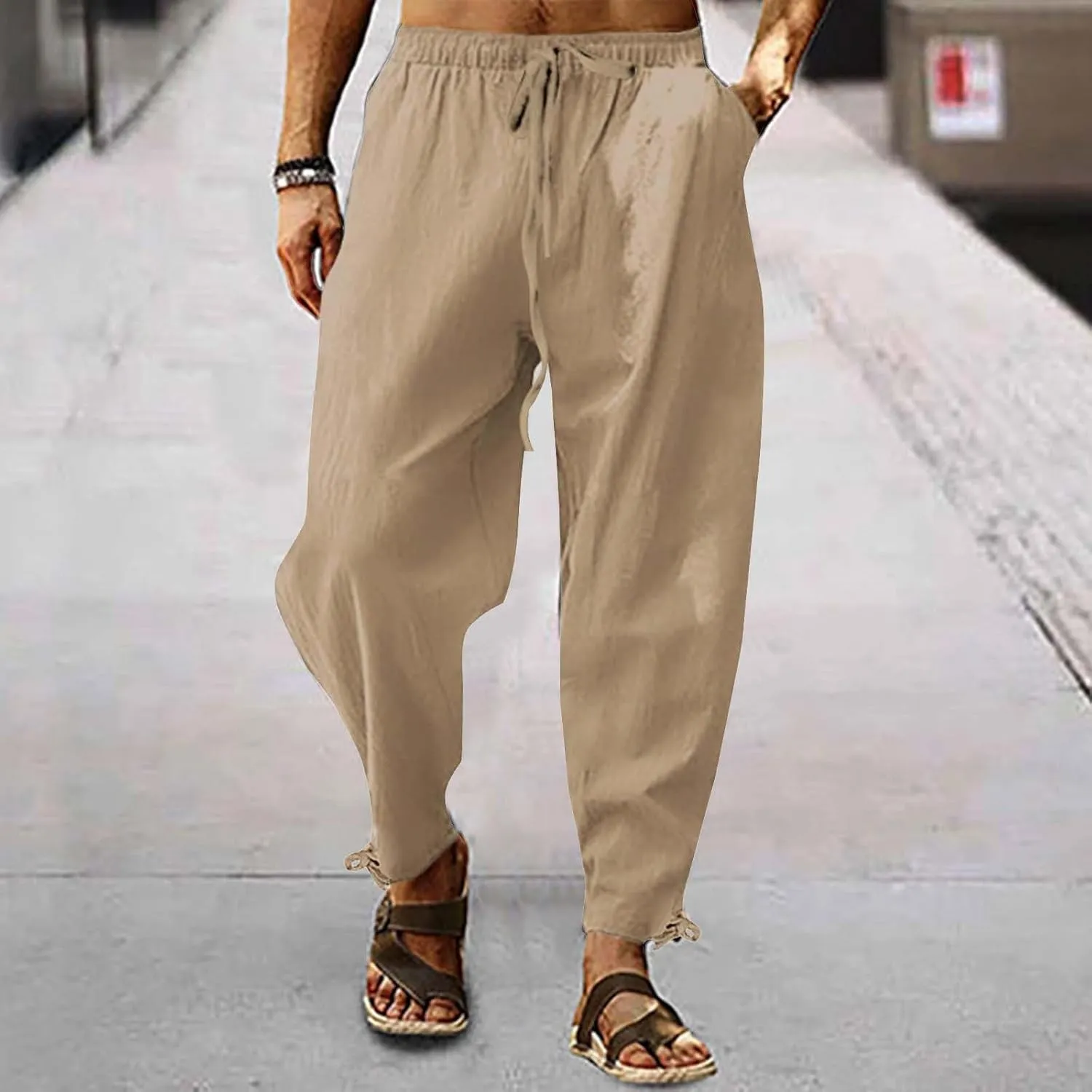 Casual Cotton Linen Pants for Men 2025 Summer Beach Elastic Drawstring Waist Yoga Pants Travel Baggy Work Trousers