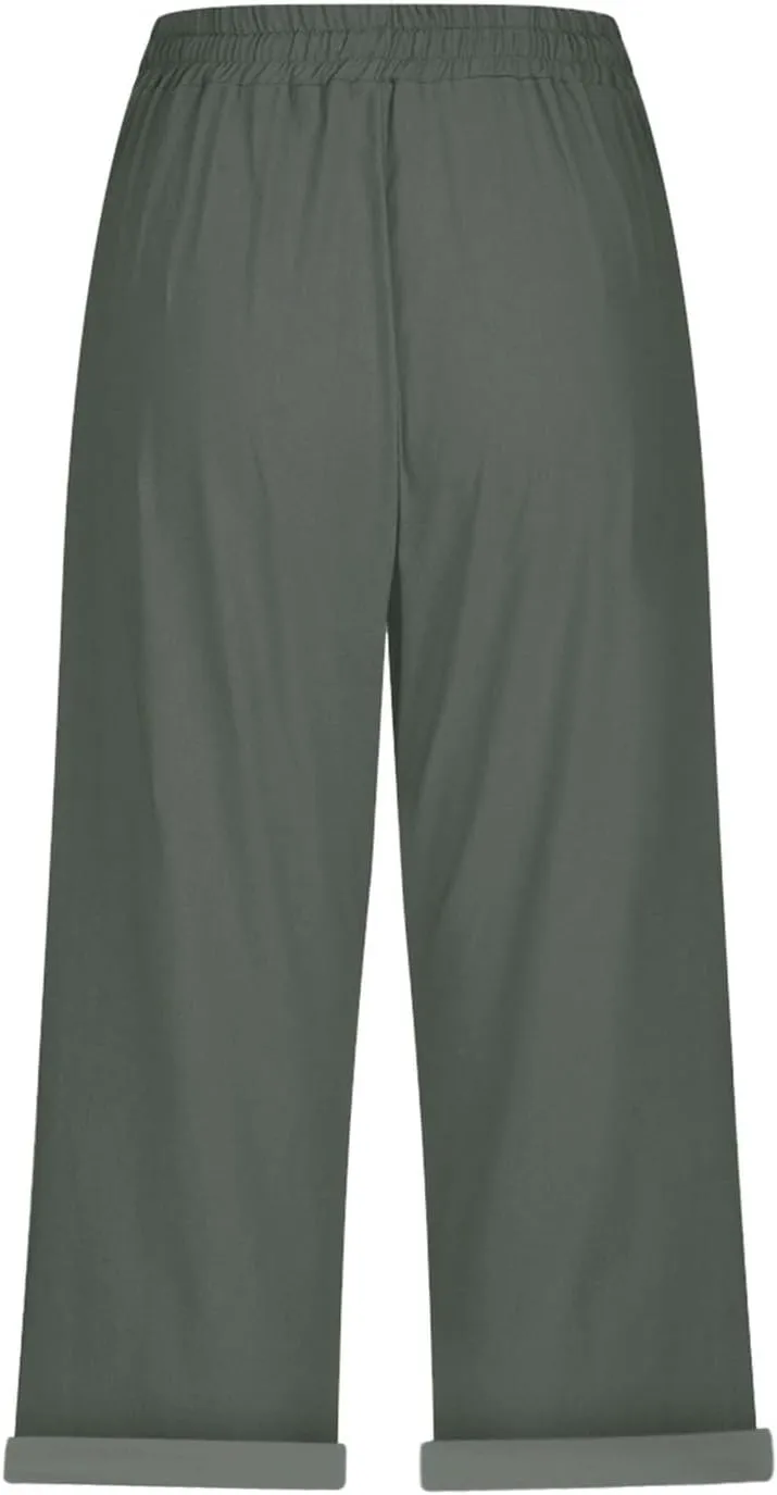 Casual Linen Pants for Women Elastic Long Pants Beach Leisure Trousers Casual Summer Cropped Pants Linen Capri Pants