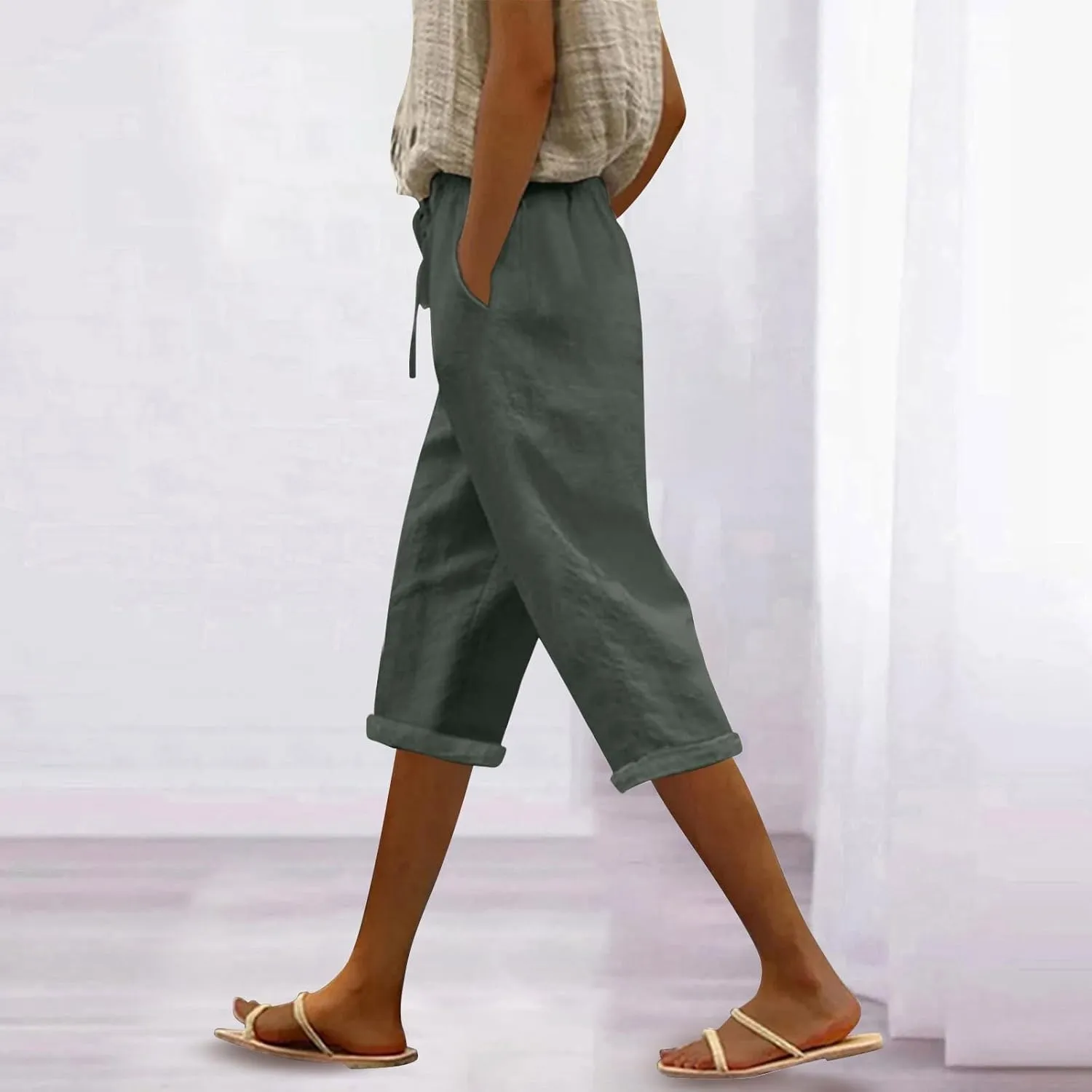 Casual Linen Pants for Women Elastic Long Pants Beach Leisure Trousers Casual Summer Cropped Pants Linen Capri Pants