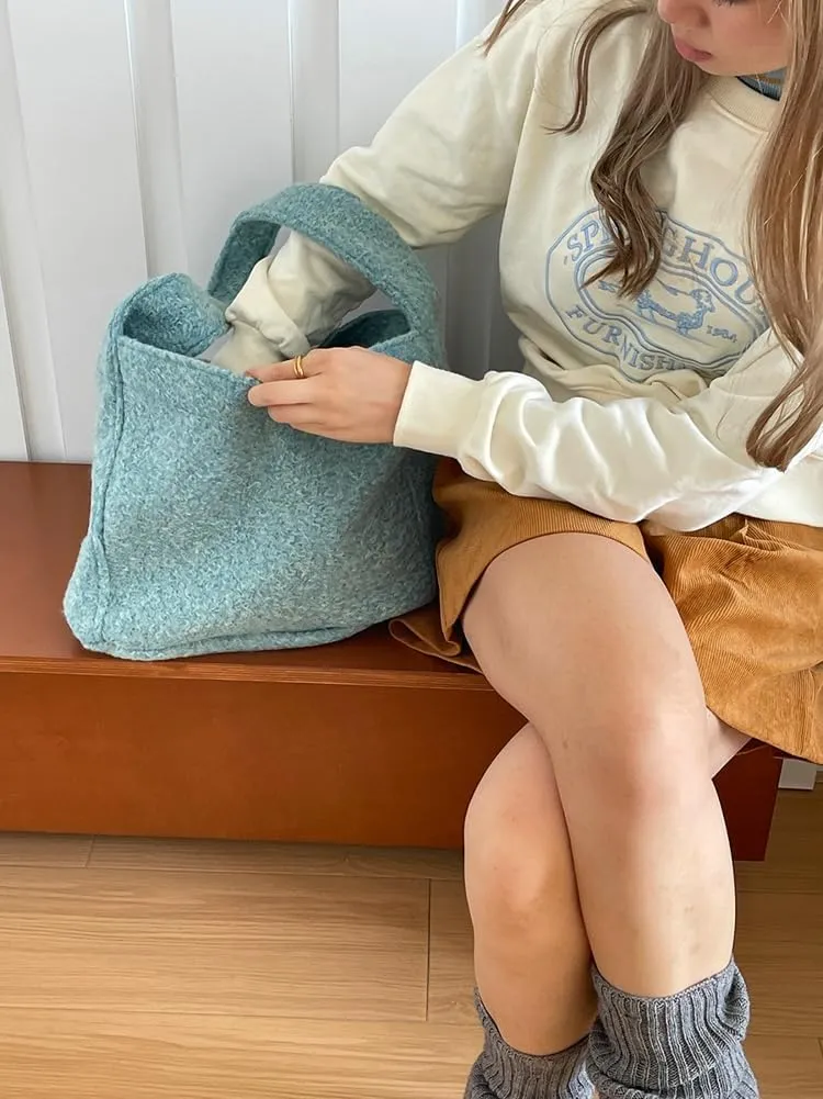 Casual Tote Bag for Women Woolen Hobo Bags for Women Slouchy Top Handle Purse Shoulder Bag Korean Handbag Shopping Bag