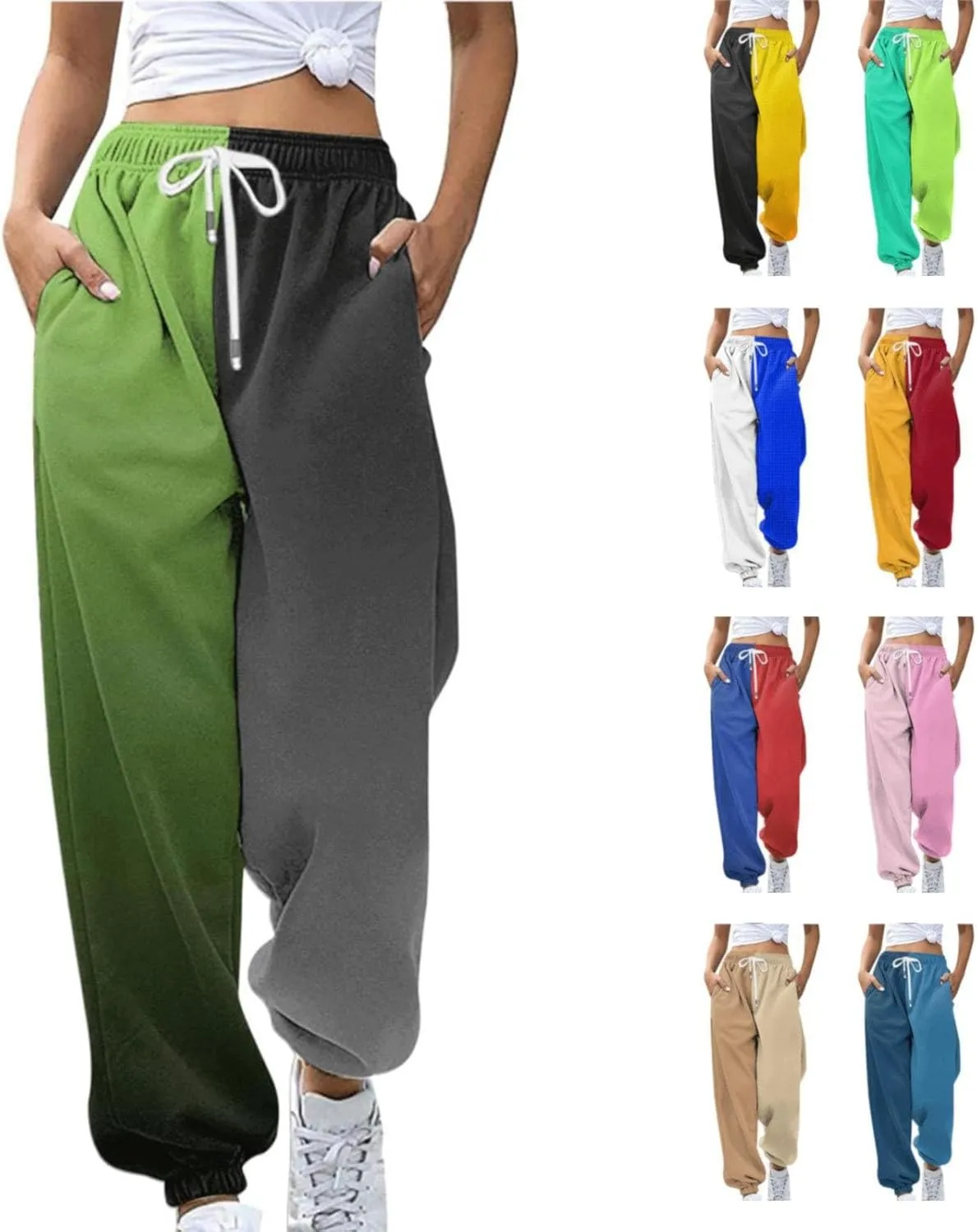 Casual Two Tone Joggers for Women Loose Drawstring Elastic High Waisted Sweatpants Ankle Cuffed Sport Activewear with Pockets