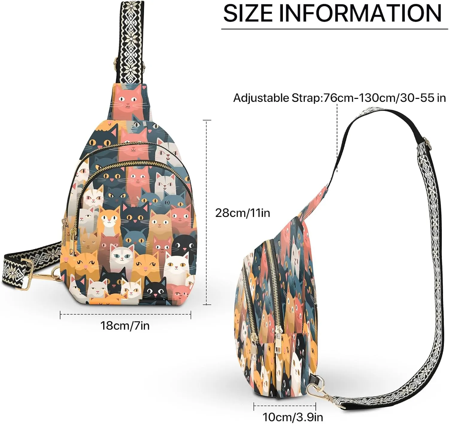 Cat Leather Sling Bag Small Crossbody Backpack Travel Shoulder Pack Hiking chest Daypack for Women Adjustable Lightweight Outdoor Waterproof Workout