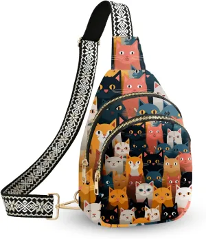 Cat Leather Sling Bag Small Crossbody Backpack Travel Shoulder Pack Hiking chest Daypack for Women Adjustable Lightweight Outdoor Waterproof Workout