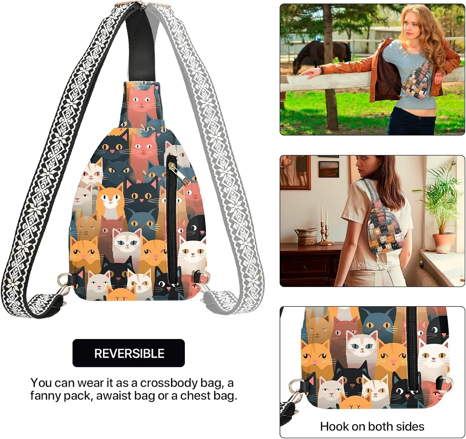 Cat Leather Sling Bag Small Crossbody Backpack Travel Shoulder Pack Hiking chest Daypack for Women Adjustable Lightweight Outdoor Waterproof Workout