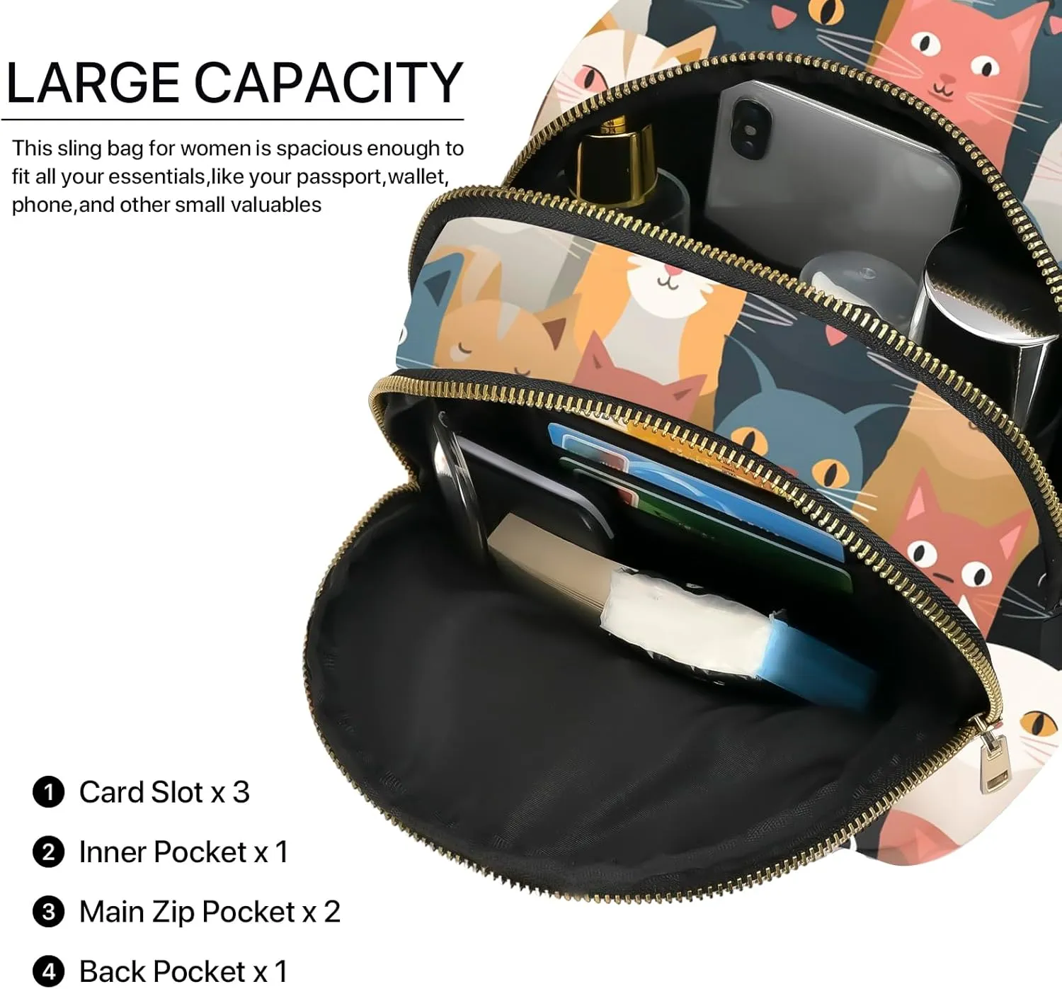 Cat Leather Sling Bag Small Crossbody Backpack Travel Shoulder Pack Hiking chest Daypack for Women Adjustable Lightweight Outdoor Waterproof Workout