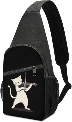 Cat Playing Violin Chest Bag for Men Small Sling Backpack Crossbody Sling Bags for Outdoors Hiking Traveling