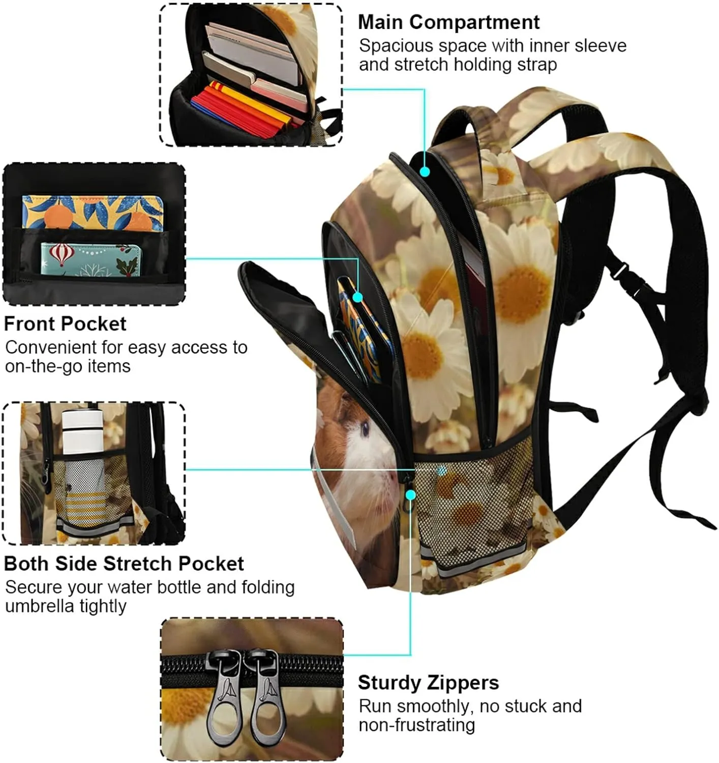 CBBYY Children's School Bags, Guinea Pig School Backpacks, School Bags for Boys and Girls with Reflective Strips
