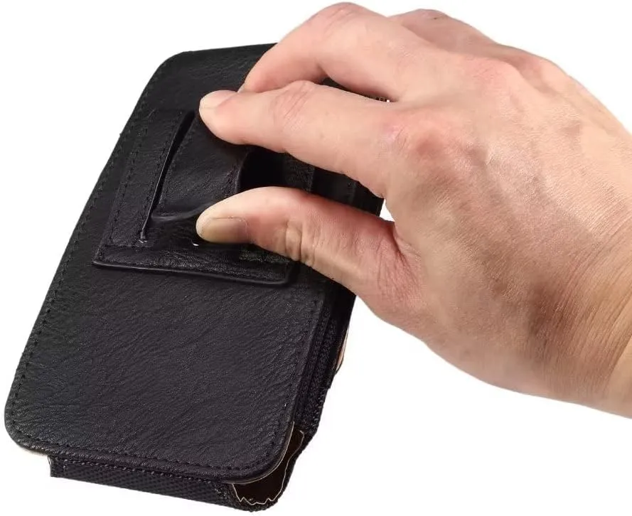 Cell Phone Belt Clip Bag Leather, Cell Phone Waist Holster for Men Small, Waterproof Vertical Cell Phone Wallet Purse Pack Outdoor Hiking Belt Loop Pouch with Locking Hook for Smartphones Under 5.2"