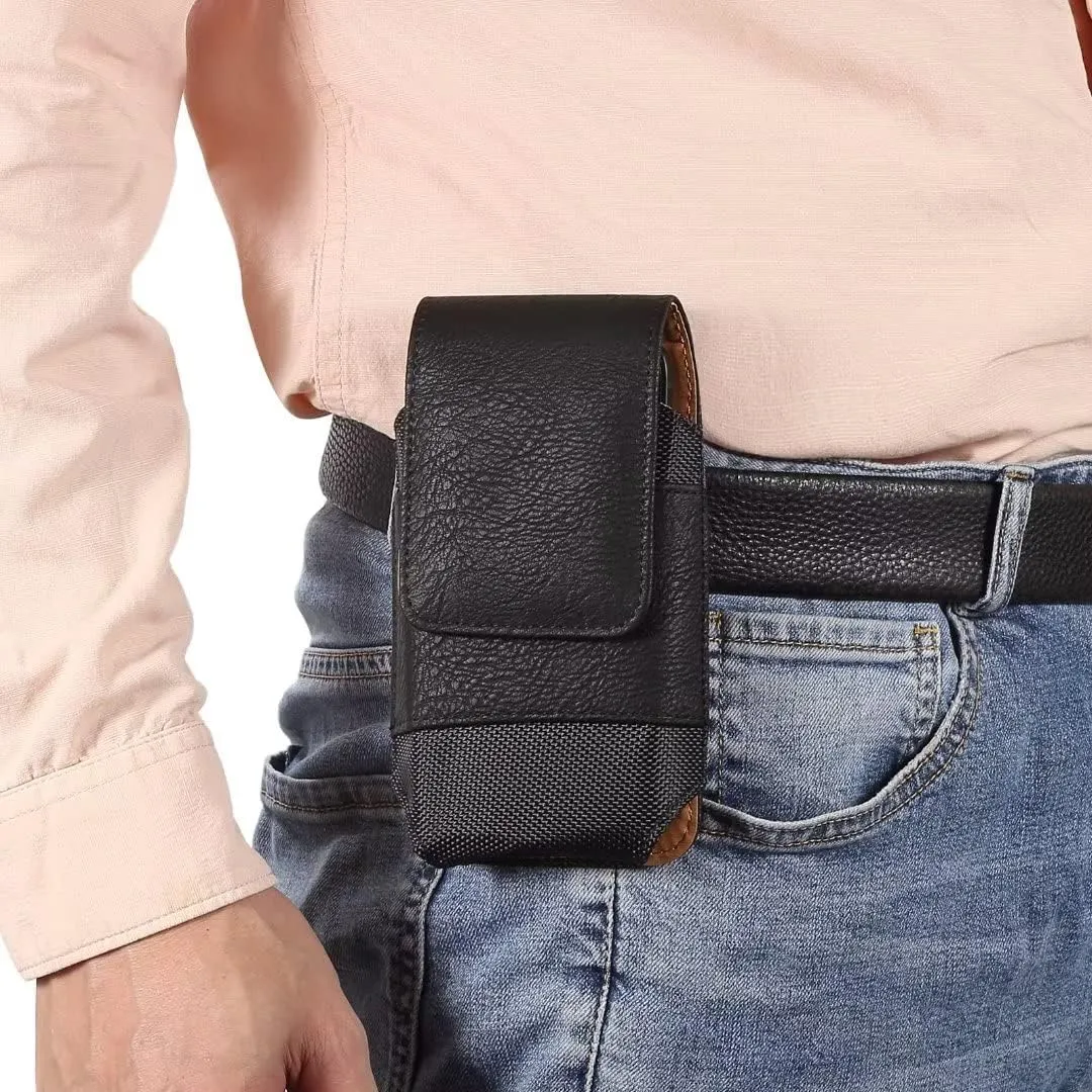 Cell Phone Belt Clip Bag Leather, Cell Phone Waist Holster for Men Small, Waterproof Vertical Cell Phone Wallet Purse Pack Outdoor Hiking Belt Loop Pouch with Locking Hook for Smartphones Under 5.2"