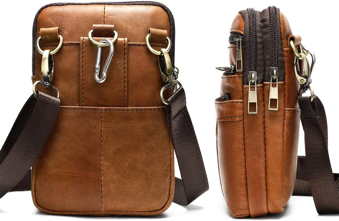 Cell Phone Shoulder Bag Leather Men's, Cell Phone Belt Waist Pouch Business Travel Bag Crossbody Wallet Messenger Bag