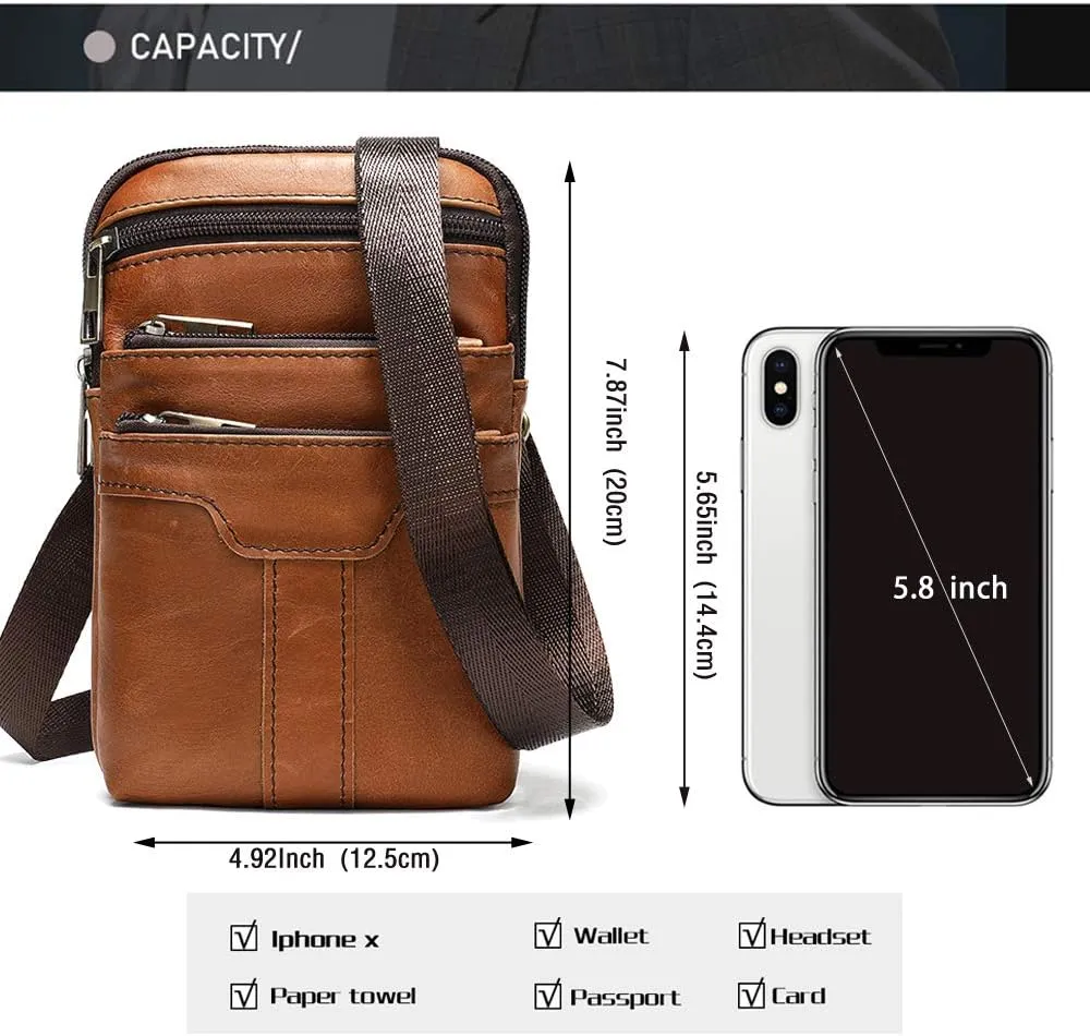 Cell Phone Shoulder Bag Leather Men's, Cell Phone Belt Waist Pouch Business Travel Bag Crossbody Wallet Messenger Bag