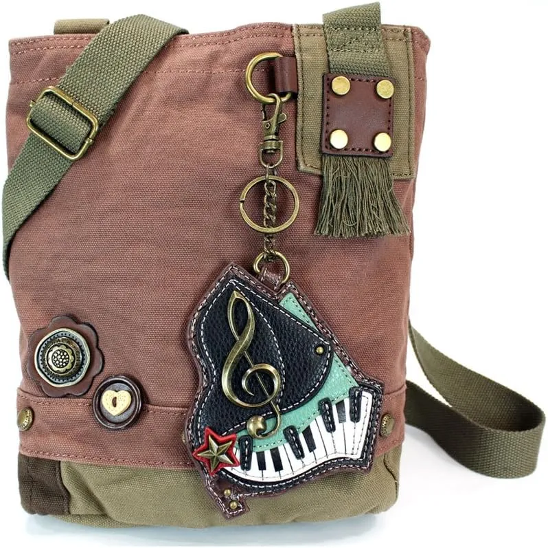CHALA Canvas Cotton Cross-body Tote Bags with Grand Piano Key Fob/Coin Purse -6 Colors