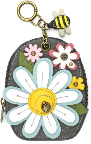 CHALA Mini Coin Purse Keychain - Women's RFID Protected Card Holder and Coin Purse Accessory - Daisy - gray