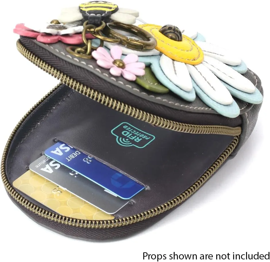 CHALA Mini Coin Purse Keychain - Women's RFID Protected Card Holder and Coin Purse Accessory - Daisy - gray