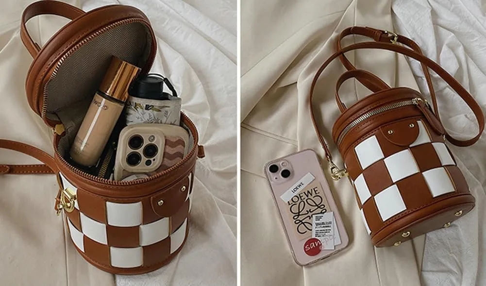 Checkered Bucket Bags Women 2025 Spring Trendy Woven Bucket Purse PU Leather Crossbody Shoulder Bag Tote Handbags
